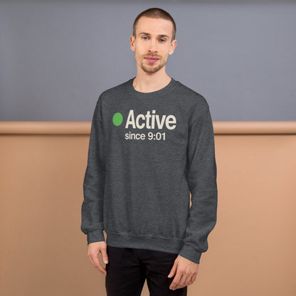 Active Since 9:01 presence status crewneck sweatshirt — Dark Heather, on model