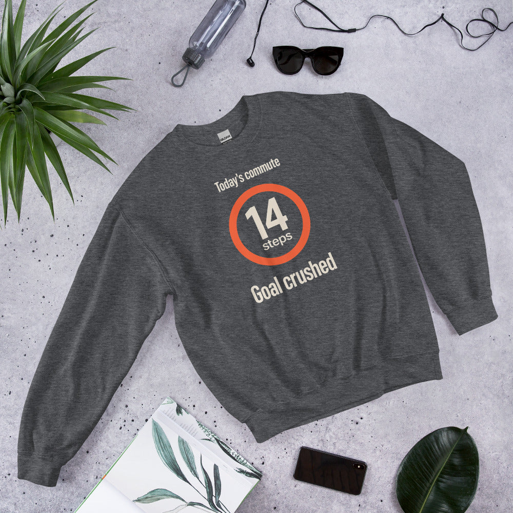 Today's Commute 14 Steps work from home crewneck sweatshirt — Dark Heather, flat lay