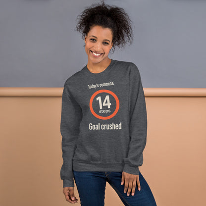 Today's Commute 14 Steps work from home crewneck sweatshirt — Dark Heather, on model
