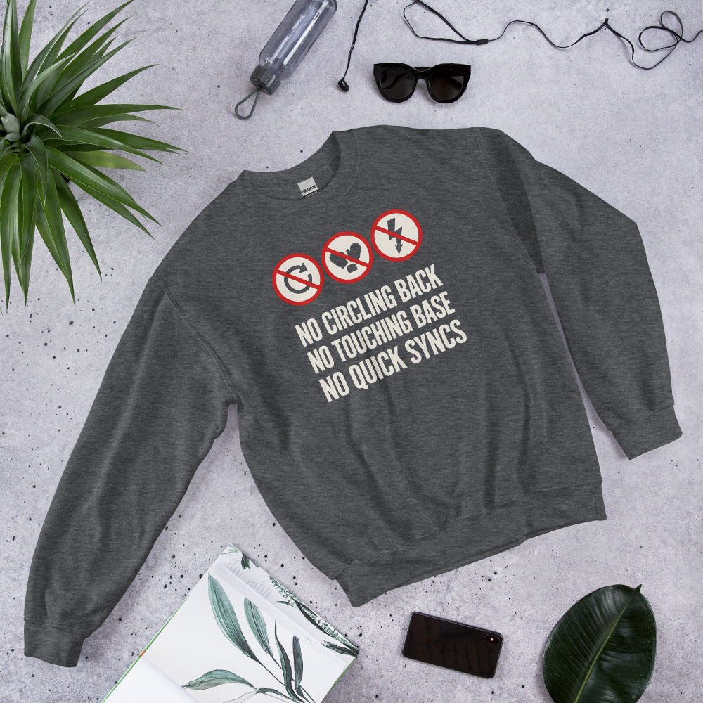 No Circling Back corporate jargon prohibition signs crewneck sweatshirt — Dark Heather, flat lay
