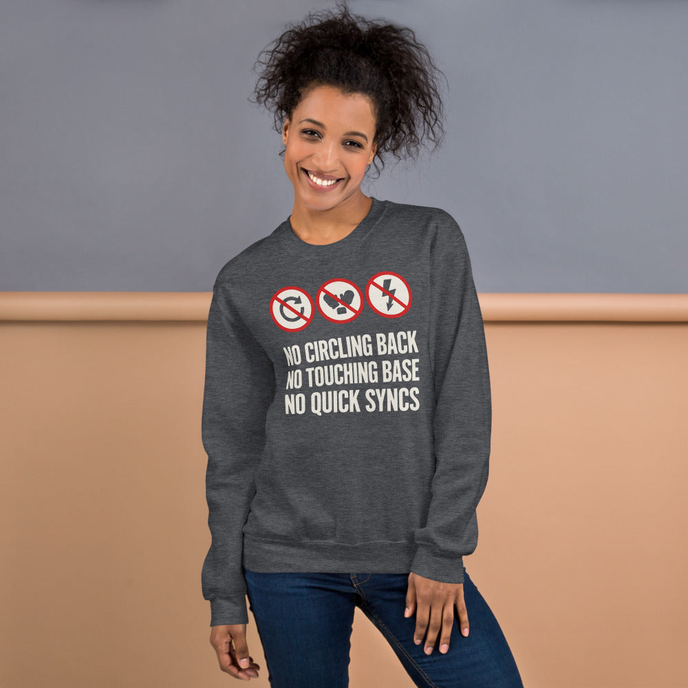 No Circling Back corporate jargon prohibition signs crewneck sweatshirt — Dark Heather, on model