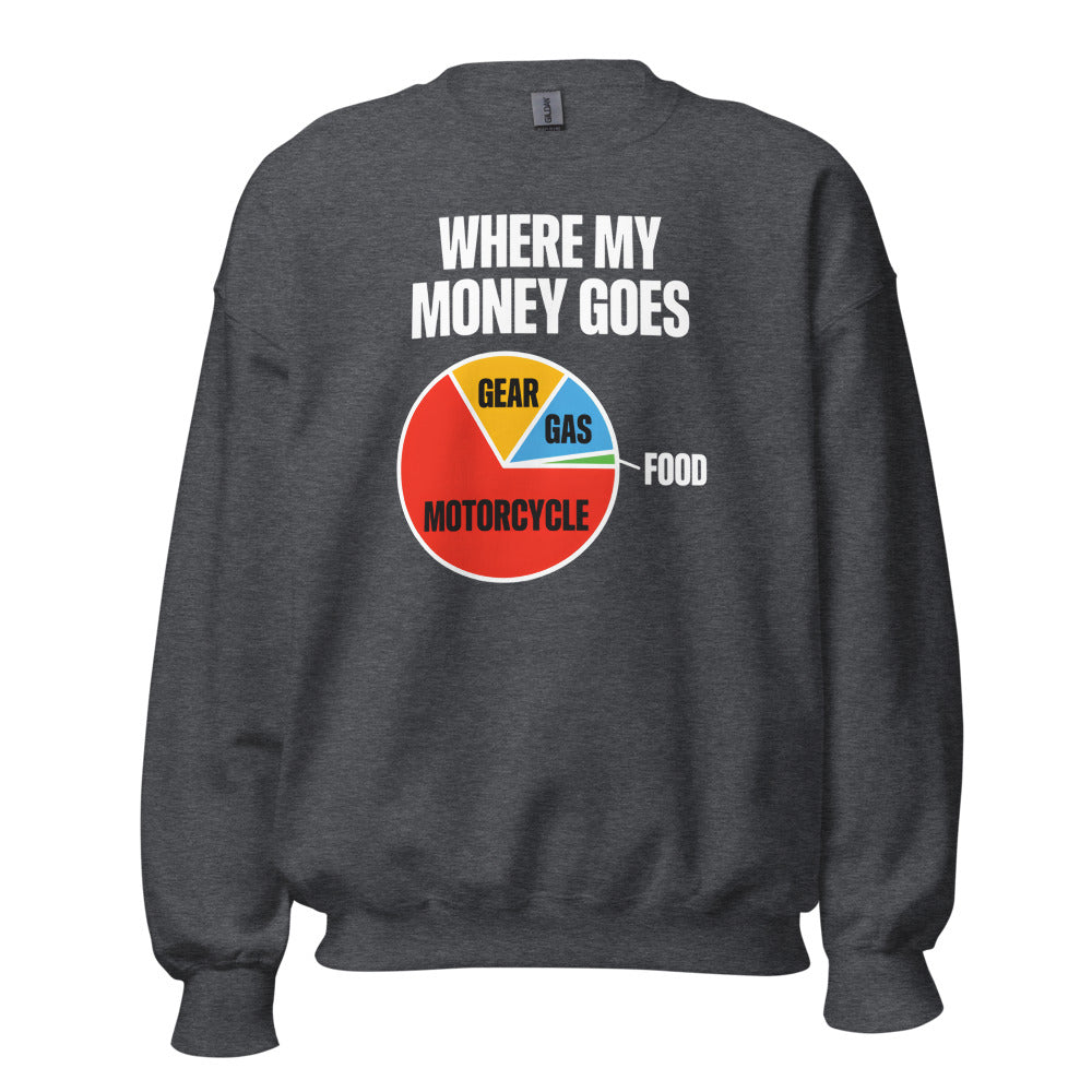 Where My Money Goes funny motorcycle crewneck sweatshirt — Dark Heather, front