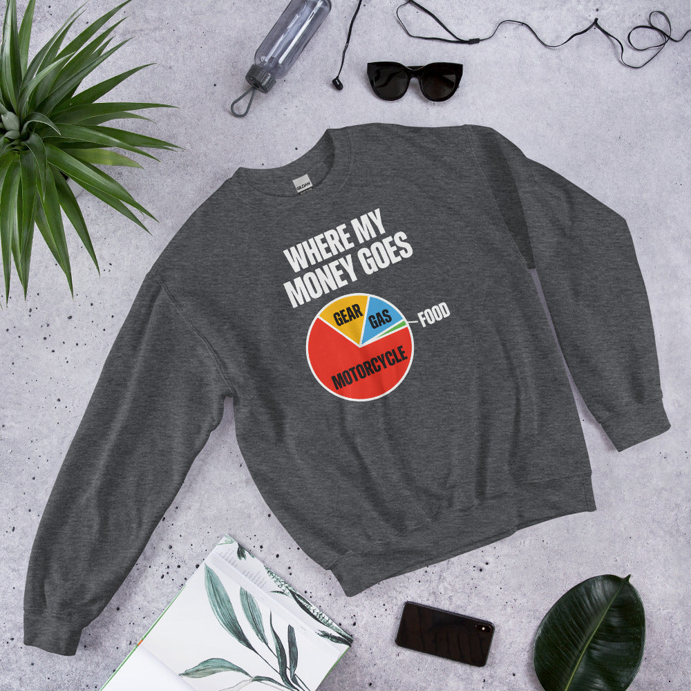 Where My Money Goes funny motorcycle crewneck sweatshirt — Dark Heather, flat lay