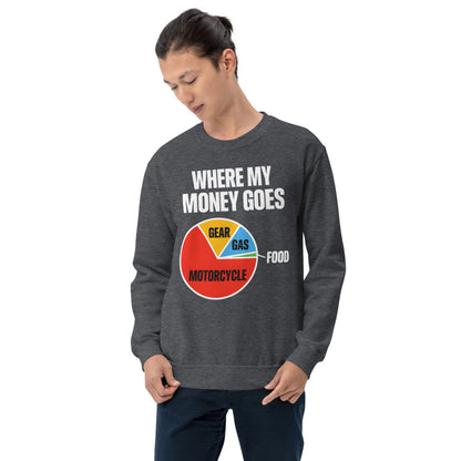 Where My Money Goes funny motorcycle crewneck sweatshirt — Dark Heather, on model