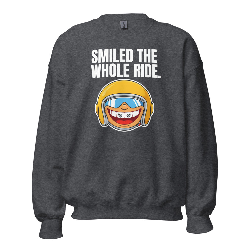 Smiled The Whole Ride funny motorcycle crewneck sweatshirt — Dark Heather, front