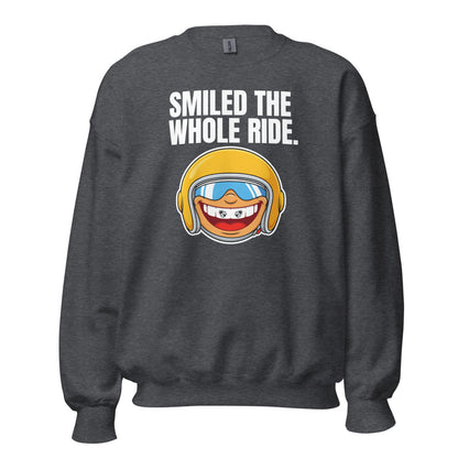 Smiled The Whole Ride funny motorcycle crewneck sweatshirt — Dark Heather, front