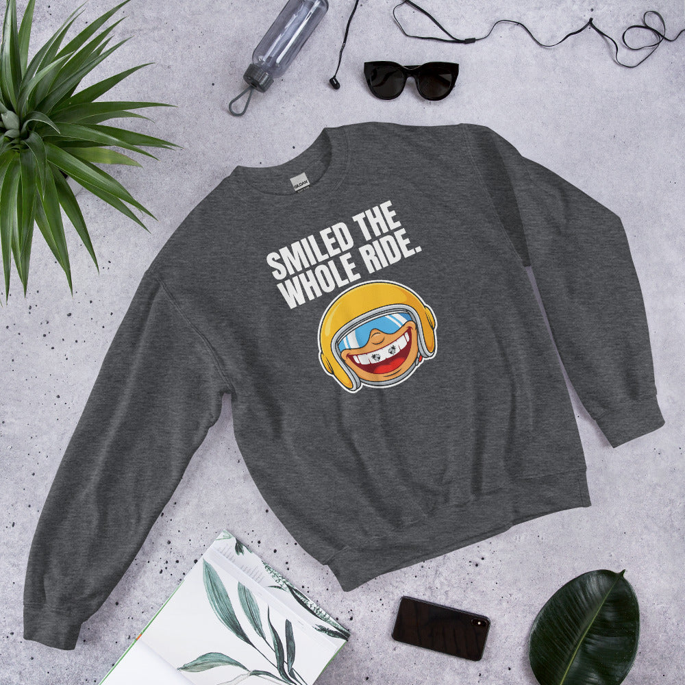 Smiled The Whole Ride funny motorcycle crewneck sweatshirt — Dark Heather, flat lay