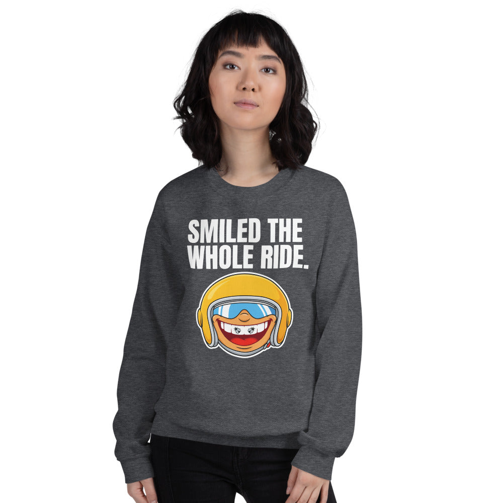 Smiled The Whole Ride funny motorcycle crewneck sweatshirt — Dark Heather, on model