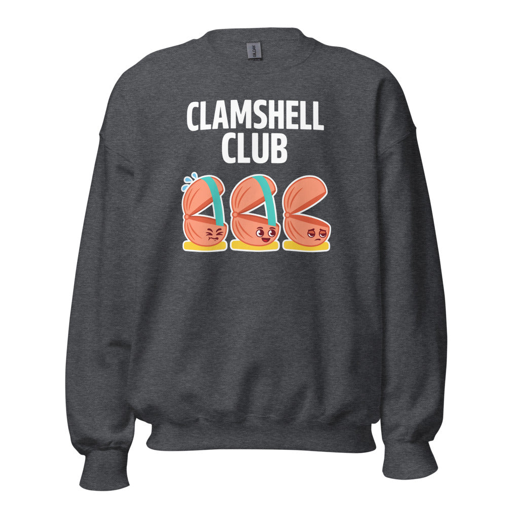 Clamshell Club funny physical therapy crewneck sweatshirt — Dark Heather, front