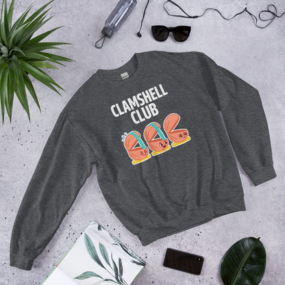 Clamshell Club funny physical therapy crewneck sweatshirt — Dark Heather, flat lay