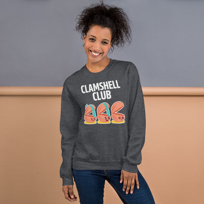 Clamshell Club funny physical therapy crewneck sweatshirt — Dark Heather, on model