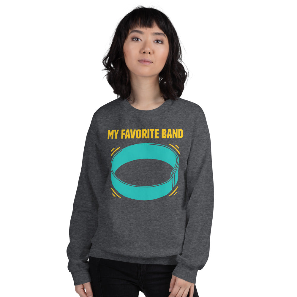My Favorite Band funny physical therapy crewneck sweatshirt — Dark Heather, on model