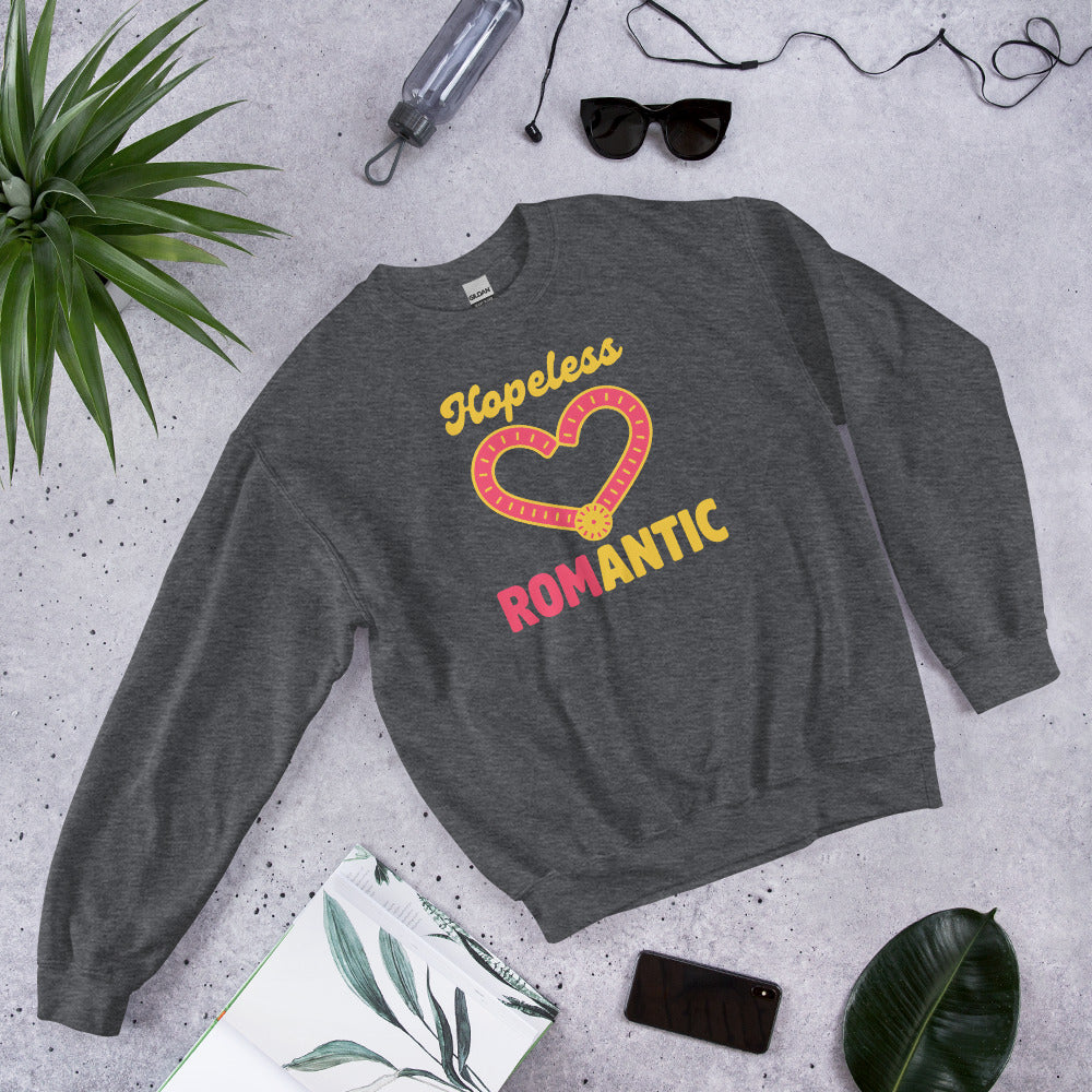 Hopeless ROMantic funny physical therapy crewneck sweatshirt — Dark Heather, flat lay