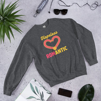 Hopeless ROMantic funny physical therapy crewneck sweatshirt — Dark Heather, flat lay