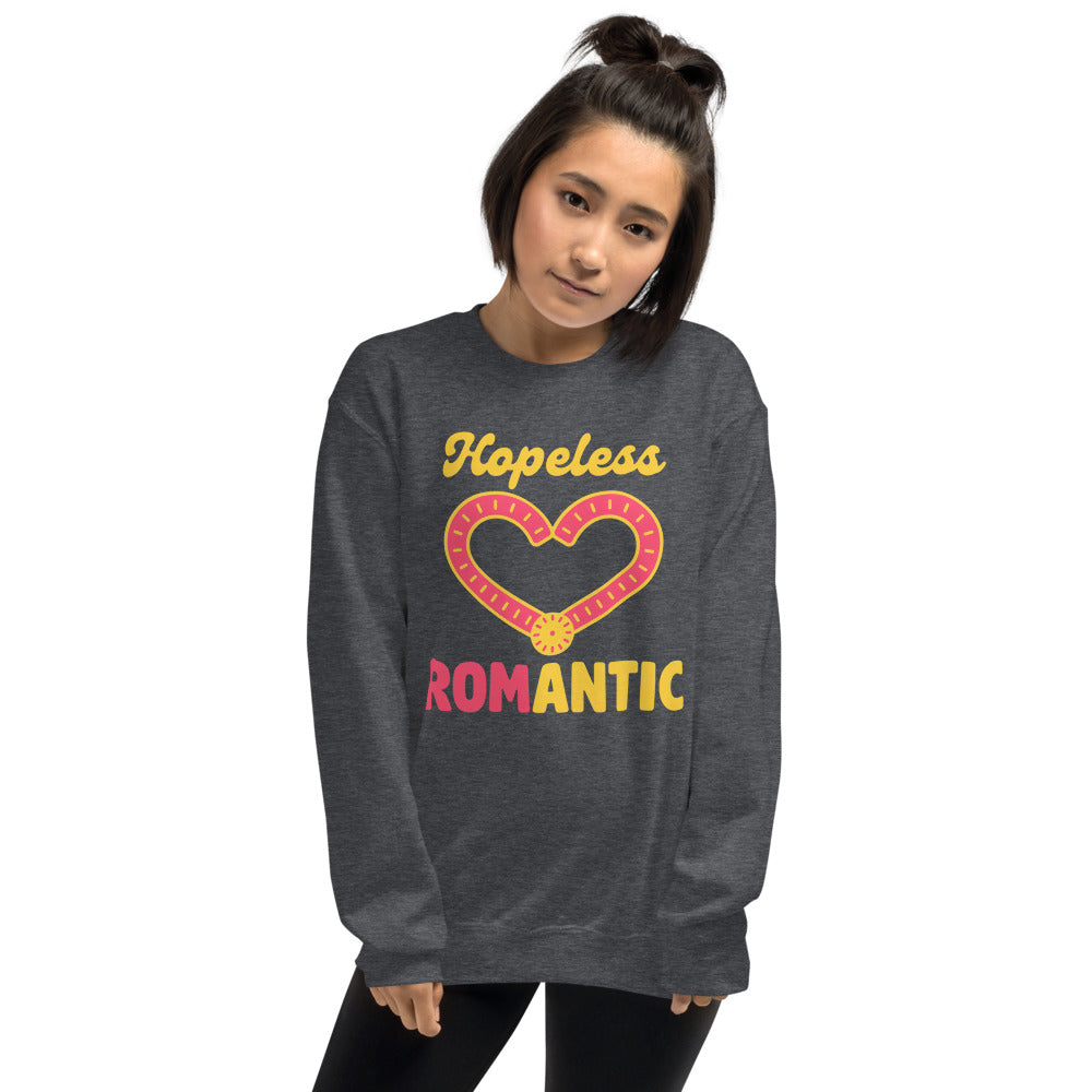 Hopeless ROMantic funny physical therapy crewneck sweatshirt — Dark Heather, on model