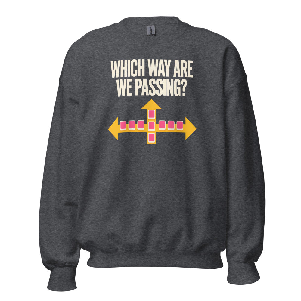 Which Way Are We Passing funny mahjong crewneck sweatshirt — Dark Heather, front