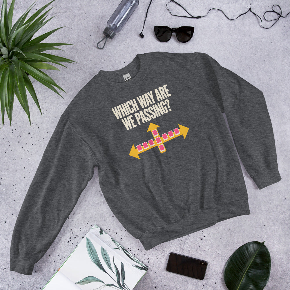 Which Way Are We Passing funny mahjong crewneck sweatshirt — Dark Heather, flat lay