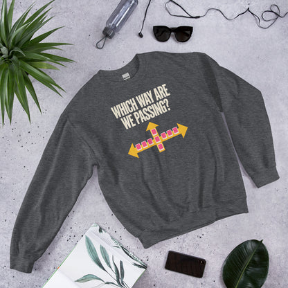 Which Way Are We Passing funny mahjong crewneck sweatshirt — Dark Heather, flat lay