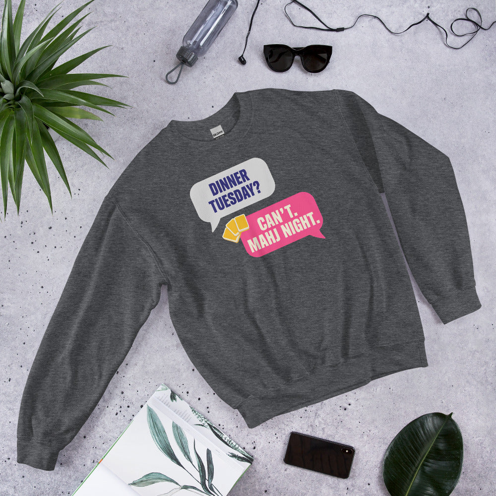 Mahj Night funny mahjong crewneck sweatshirt — Dark Heather, flat lay