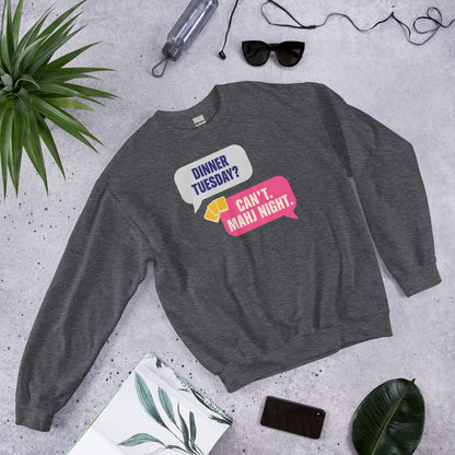Mahj Night funny mahjong crewneck sweatshirt — Dark Heather, flat lay