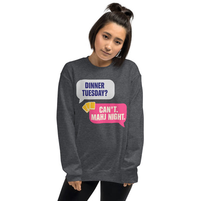 Mahj Night funny mahjong crewneck sweatshirt — Dark Heather, on model