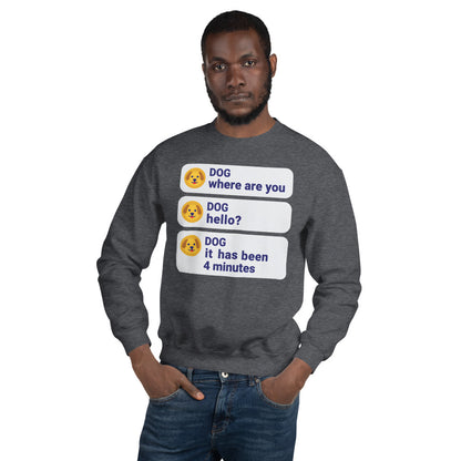 It Has Been 4 Minutes funny dog dad crewneck sweatshirt — Dark Heather, on model