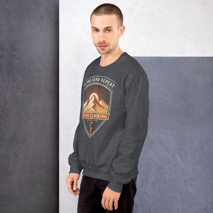 Climb Send Repeat mountaineering crest crewneck sweatshirt — Dark Heather, on model