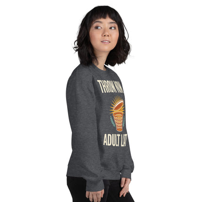 Throw Now Adult Later disc golf retro crewneck sweatshirt — Dark Heather, on model