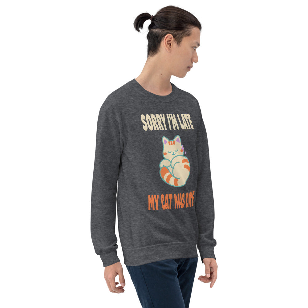Sorry I'm Late My Cat Was On Me funny cat mom crewneck sweatshirt — Dark Heather, on model