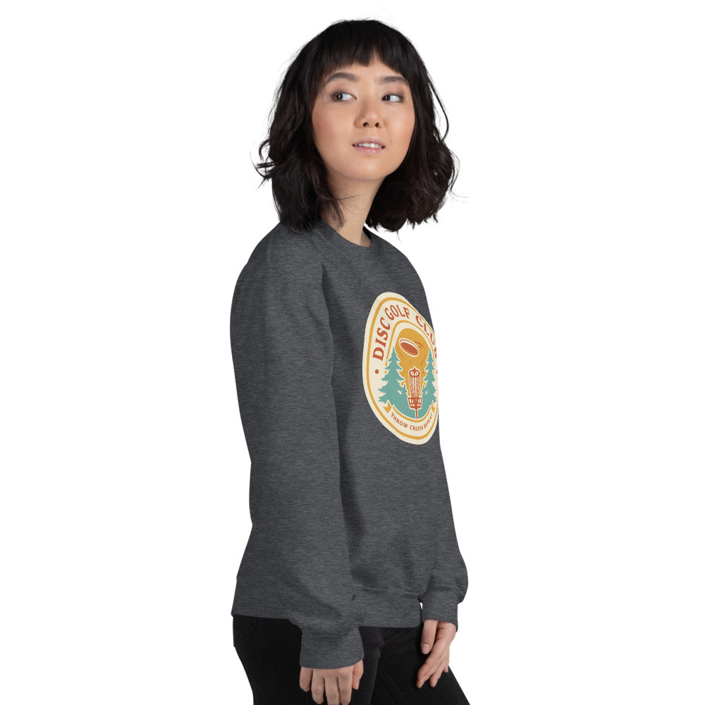 Disc Golf Club retro badge crewneck sweatshirt — Dark Heather, on model