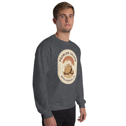 Problem Solver Bouldering Badge crewneck sweatshirt — Dark Heather, on model