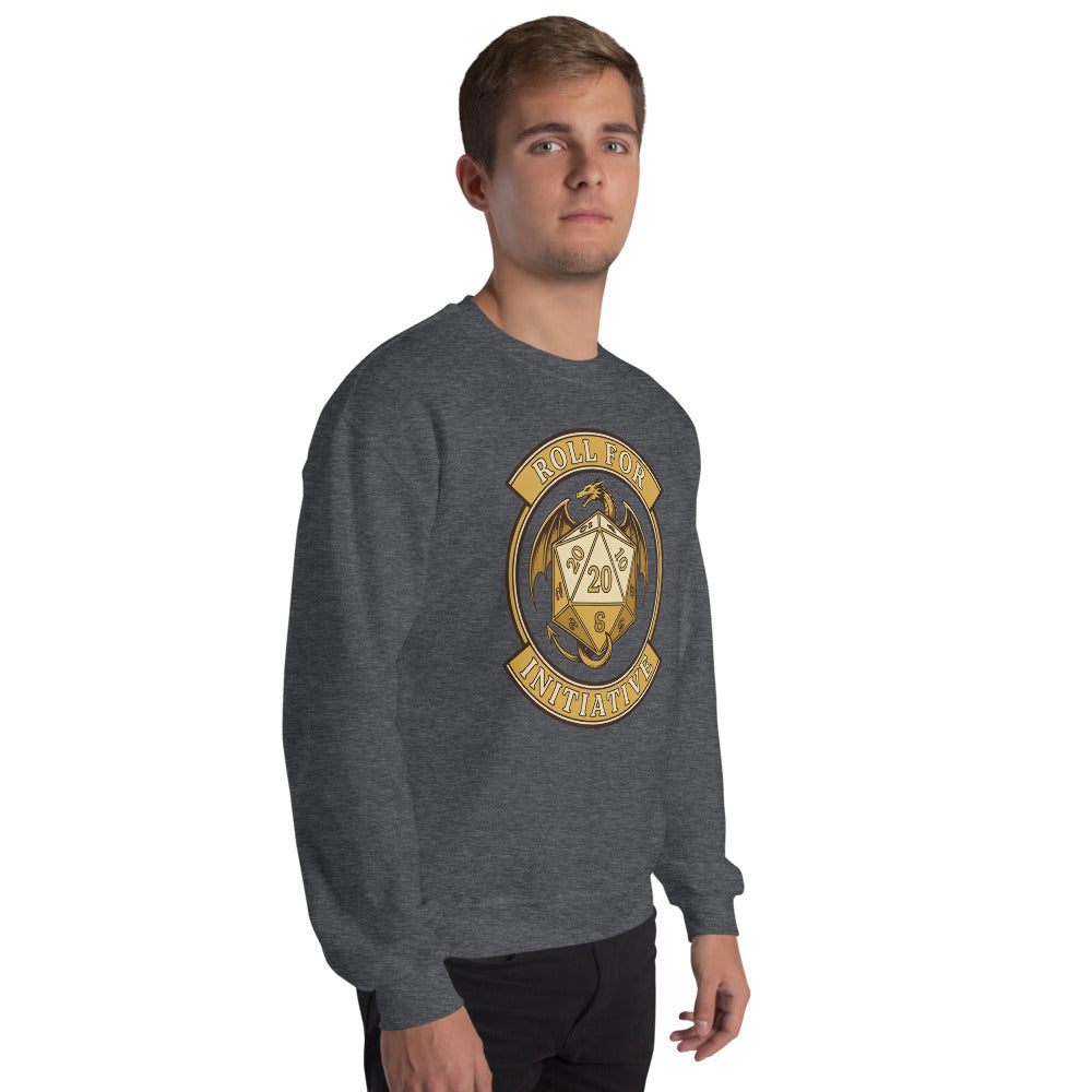 Roll For Initiative d20 dragon tabletop RPG crewneck sweatshirt — Dark Heather, on model