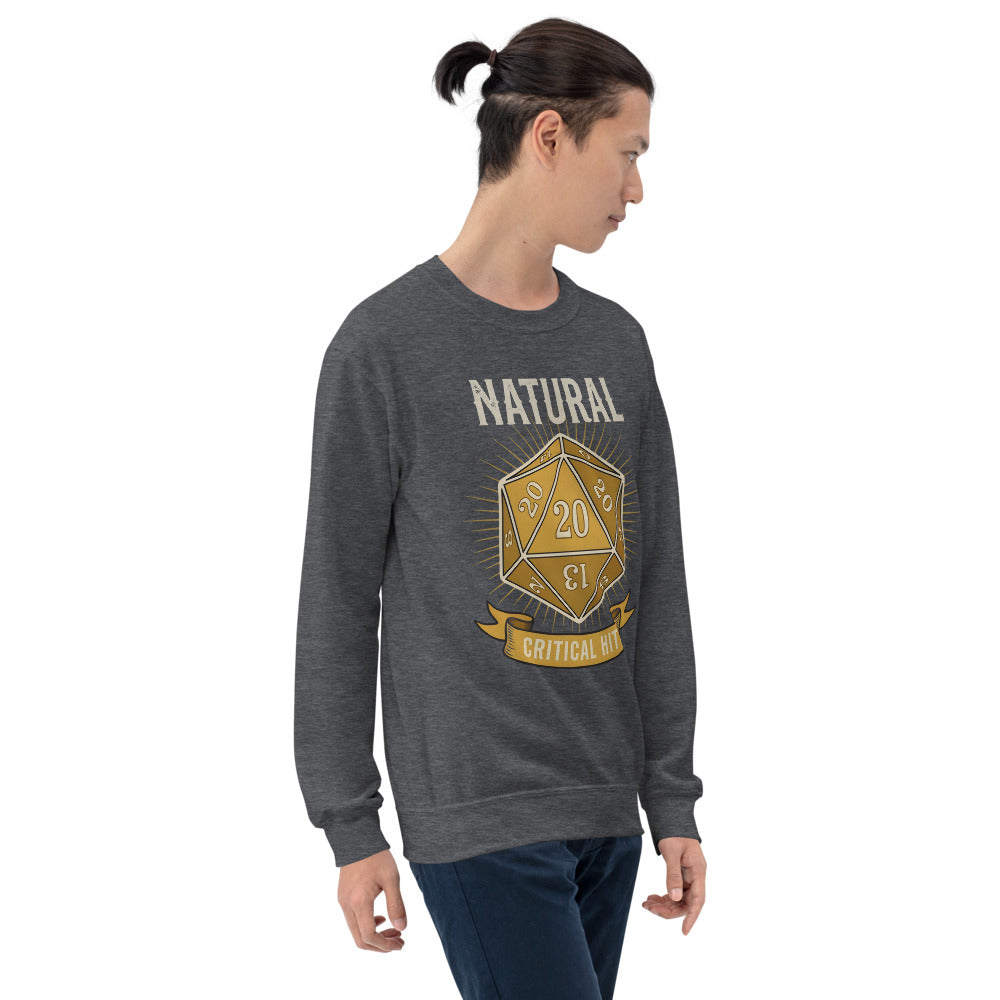 Natural 20 critical hit d20 tabletop RPG crewneck sweatshirt — Dark Heather, on model