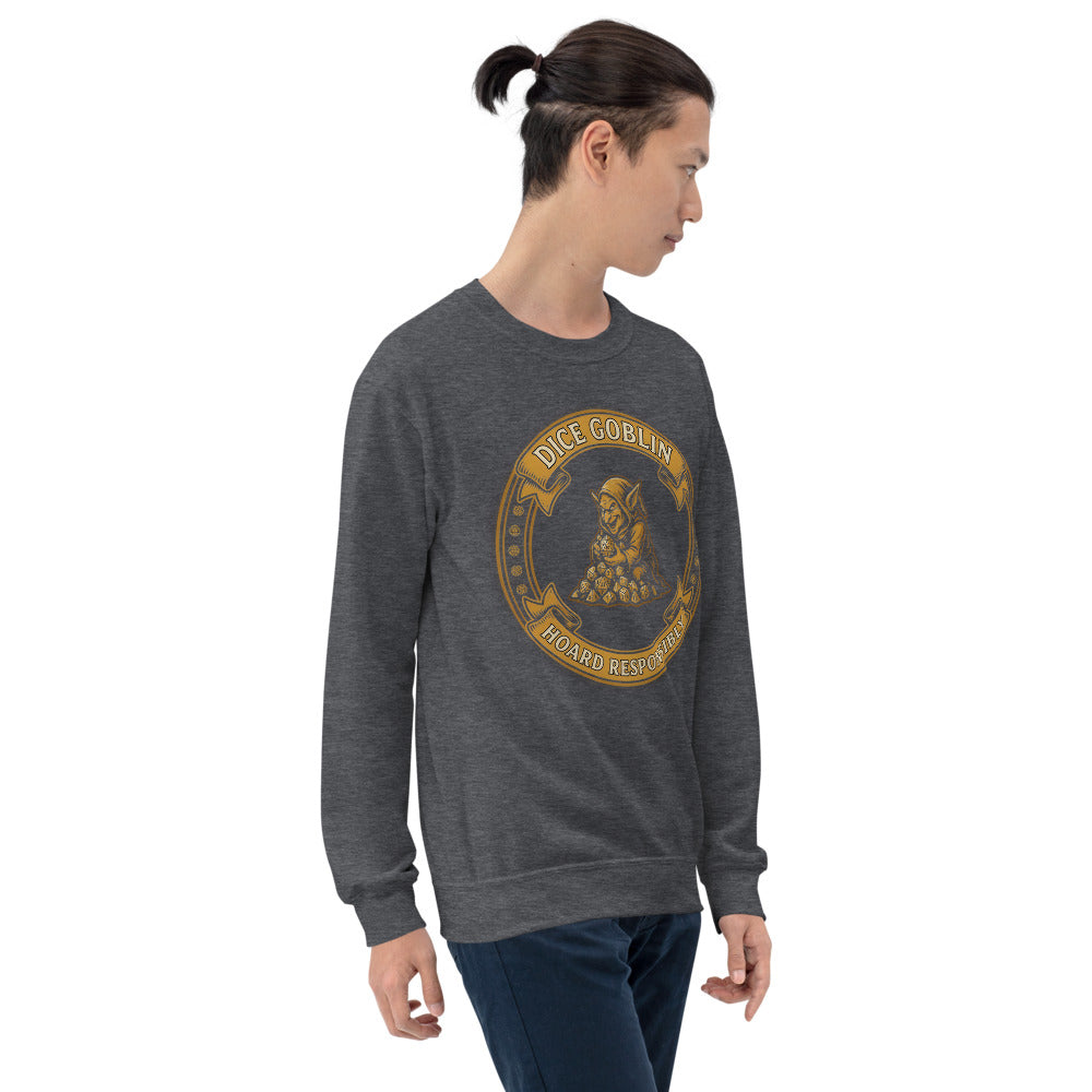 Dice Goblin Hoard Responsibly tabletop RPG crewneck sweatshirt — Dark Heather, on model