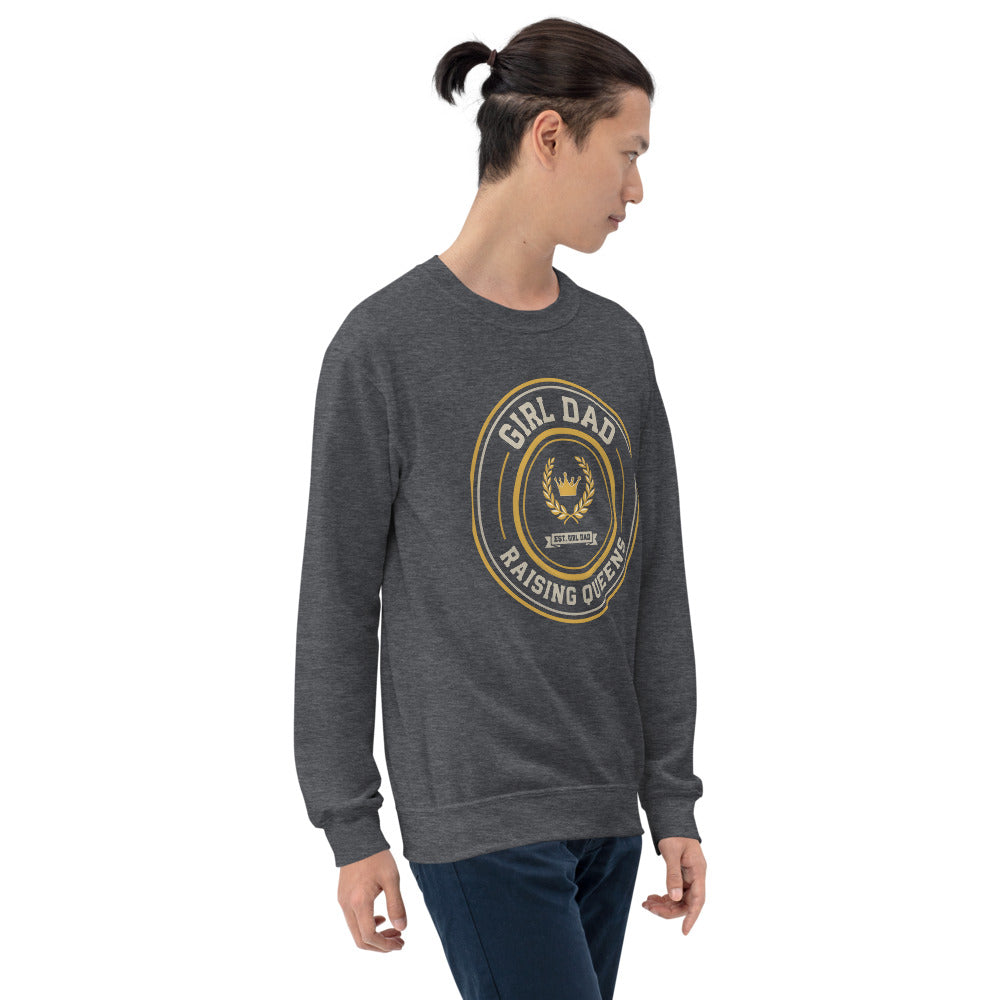 Girl Dad Raising Queens crest crewneck sweatshirt — Dark Heather, on model