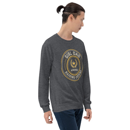 Girl Dad Raising Queens crest crewneck sweatshirt — Dark Heather, on model
