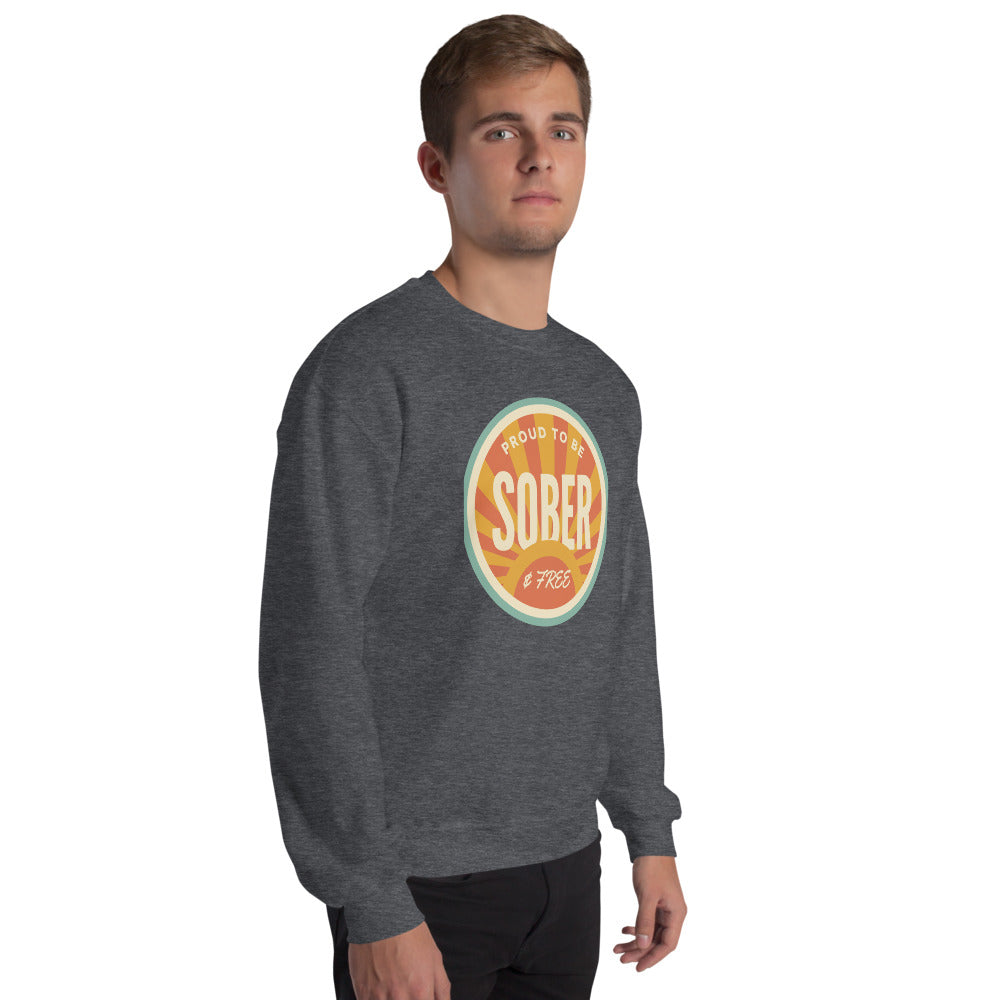 Sober & Proud retro sunburst crewneck sweatshirt — Dark Heather, on model