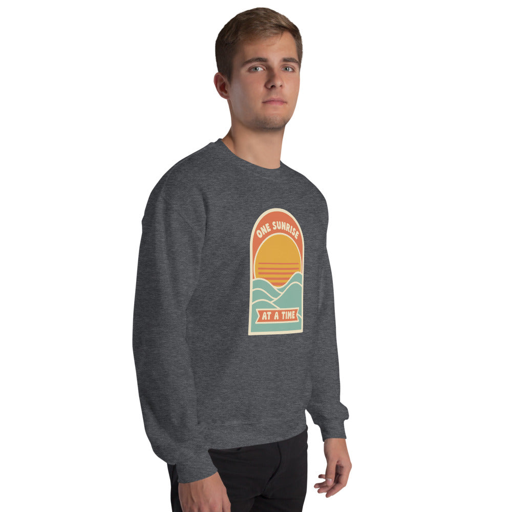 One Sunrise at a Time retro sunrise crewneck sweatshirt — Dark Heather, on model
