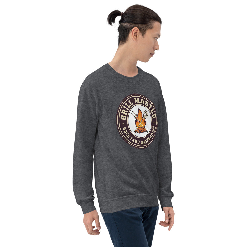 Grill Master retro backyard smokehouse crewneck sweatshirt — Dark Heather, on model