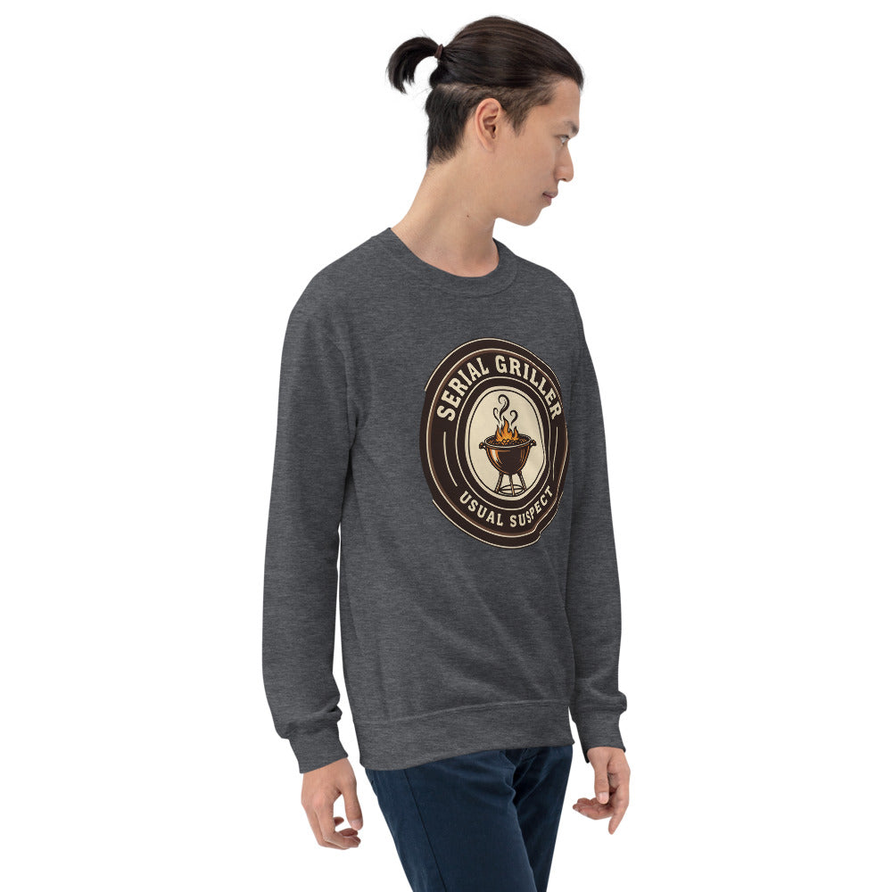 Serial Griller funny BBQ crewneck sweatshirt — Dark Heather, on model