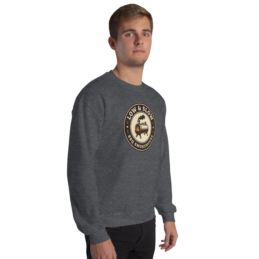 Low & Slow BBQ smoker crewneck sweatshirt — Dark Heather, on model