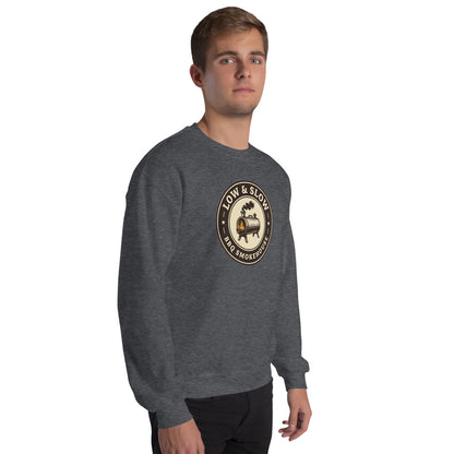 Low & Slow BBQ smoker crewneck sweatshirt — Dark Heather, on model