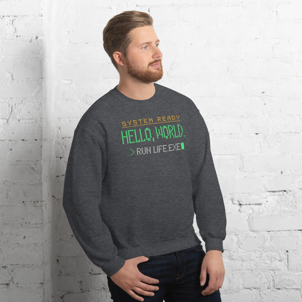 Hello World retro boot screen programmer crewneck sweatshirt — Dark Heather, on model