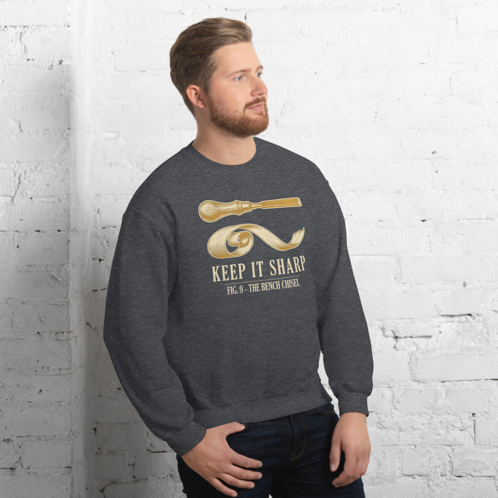 Keep It Sharp woodworking crewneck sweatshirt — Dark Heather, on model