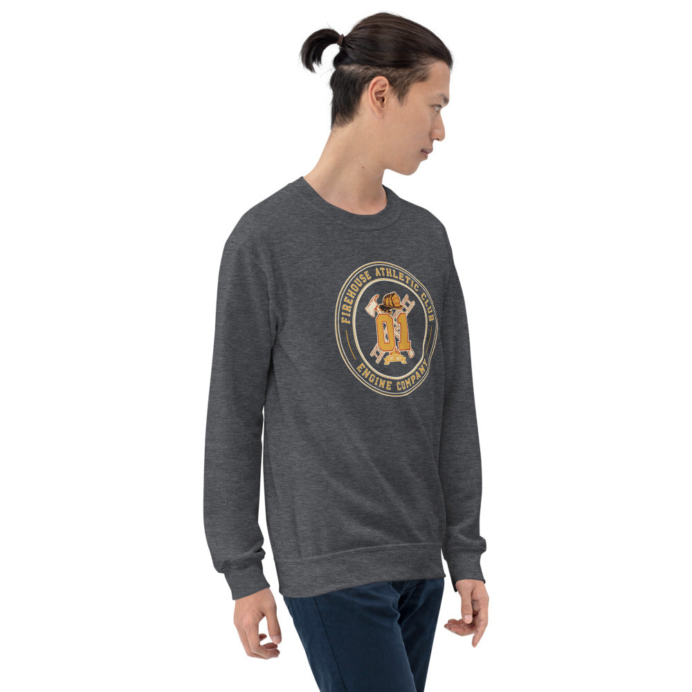 Firehouse Athletic Club retro firefighter emblem crewneck sweatshirt — Dark Heather, on model