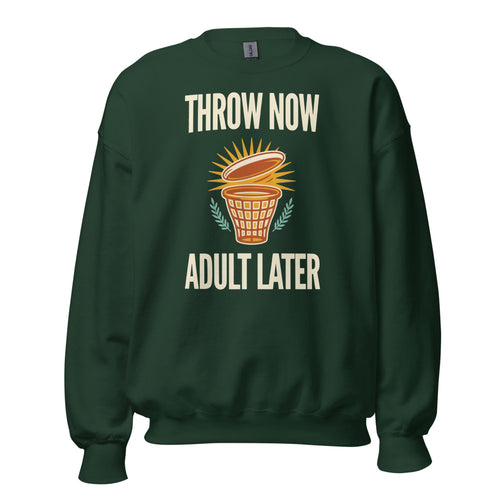 Funny Disc Golf Sweatshirt, Throw Now Adult Later Crewneck, Disc Golf Gift — Retro Badge Humor Sweatshirt