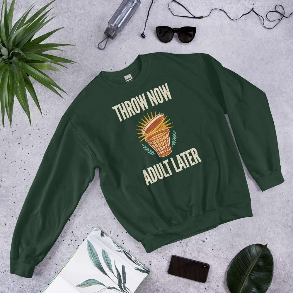Throw Now Adult Later disc golf retro crewneck sweatshirt — Forest Green, front angle