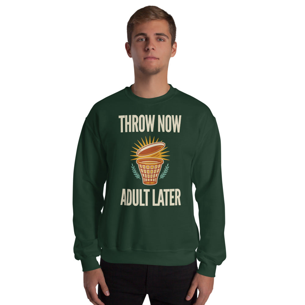 Throw Now Adult Later disc golf retro crewneck sweatshirt — Forest Green, on model