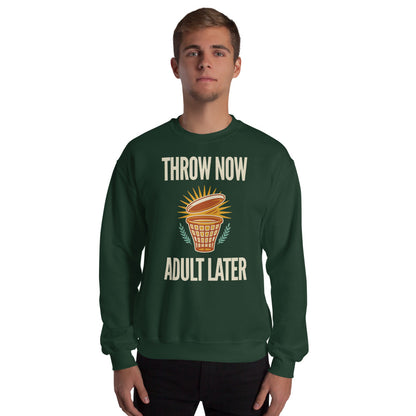Throw Now Adult Later disc golf retro crewneck sweatshirt — Forest Green, on model