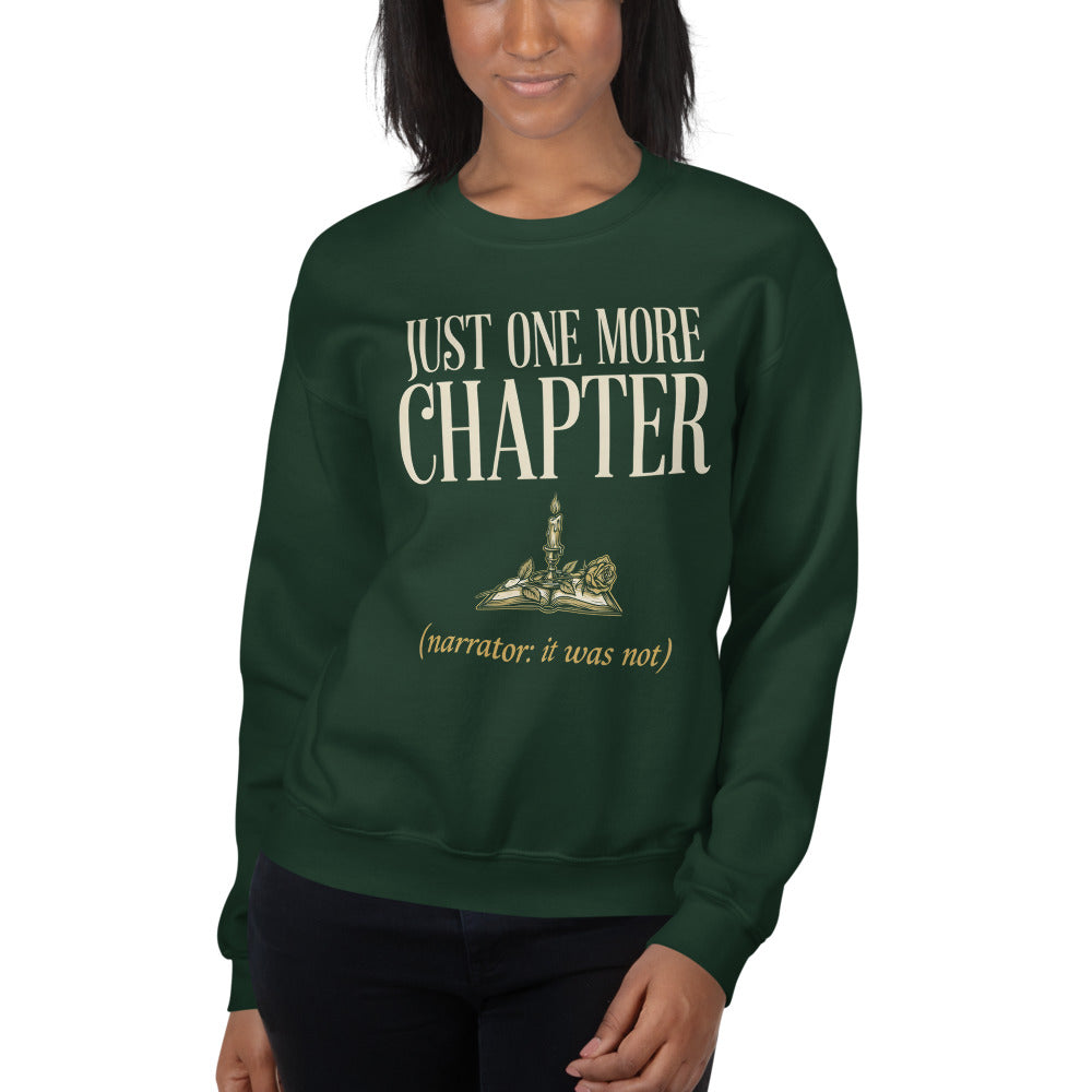 Model wearing the Just One More Chapter book lover crewneck — Forest Green